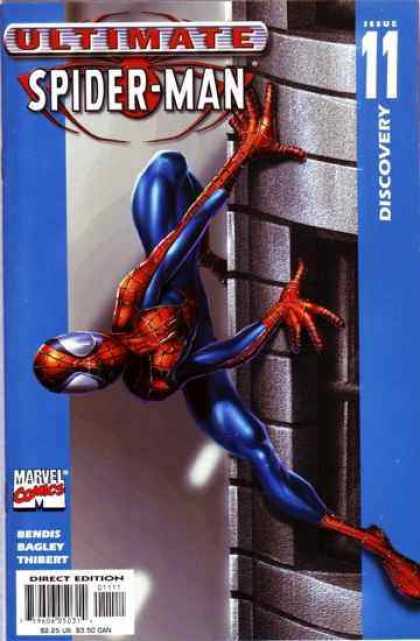 Ultimate Spider-Man 11 - Hanging Sideways On Building - Windows - Grey Walls - Alert - Shadows - Mark Bagley