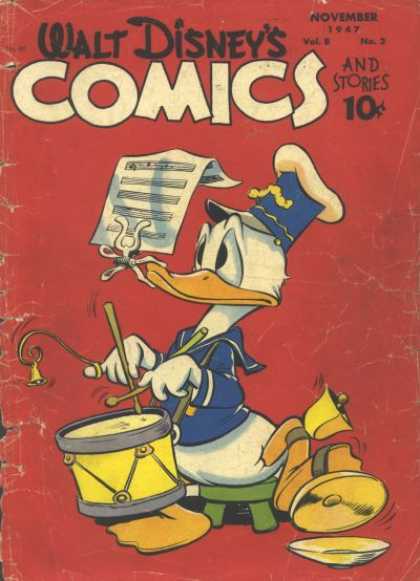 Walt Disney's Comics and Stories 86 - Drumsticks - Snare Drum - Cymbals - Music Score Clippped To Duck Bill - Clangling Bell On Pinky Finger