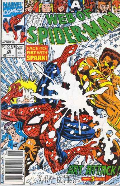 Web of Spider-Man 75 - Marvel Comics - Spiderman - Face-to-fist With Spark - Hrt Attack - X-ray Comics
