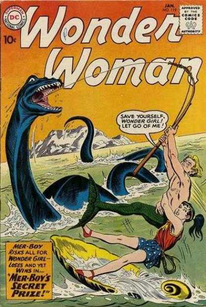 Wonder Woman 119 - Wonder Girl - Sea Monster - Fishing Pole - Mer-boy - Ocean - Ross Andru